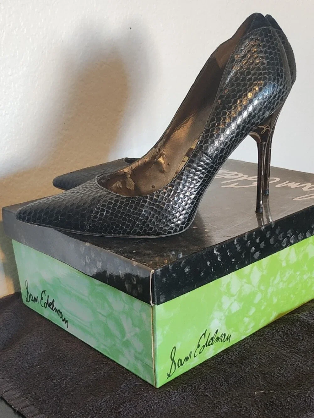 Black Pointed-Toe Snake-Print Stiletto Pumps Sam Edelman Ginger Heel